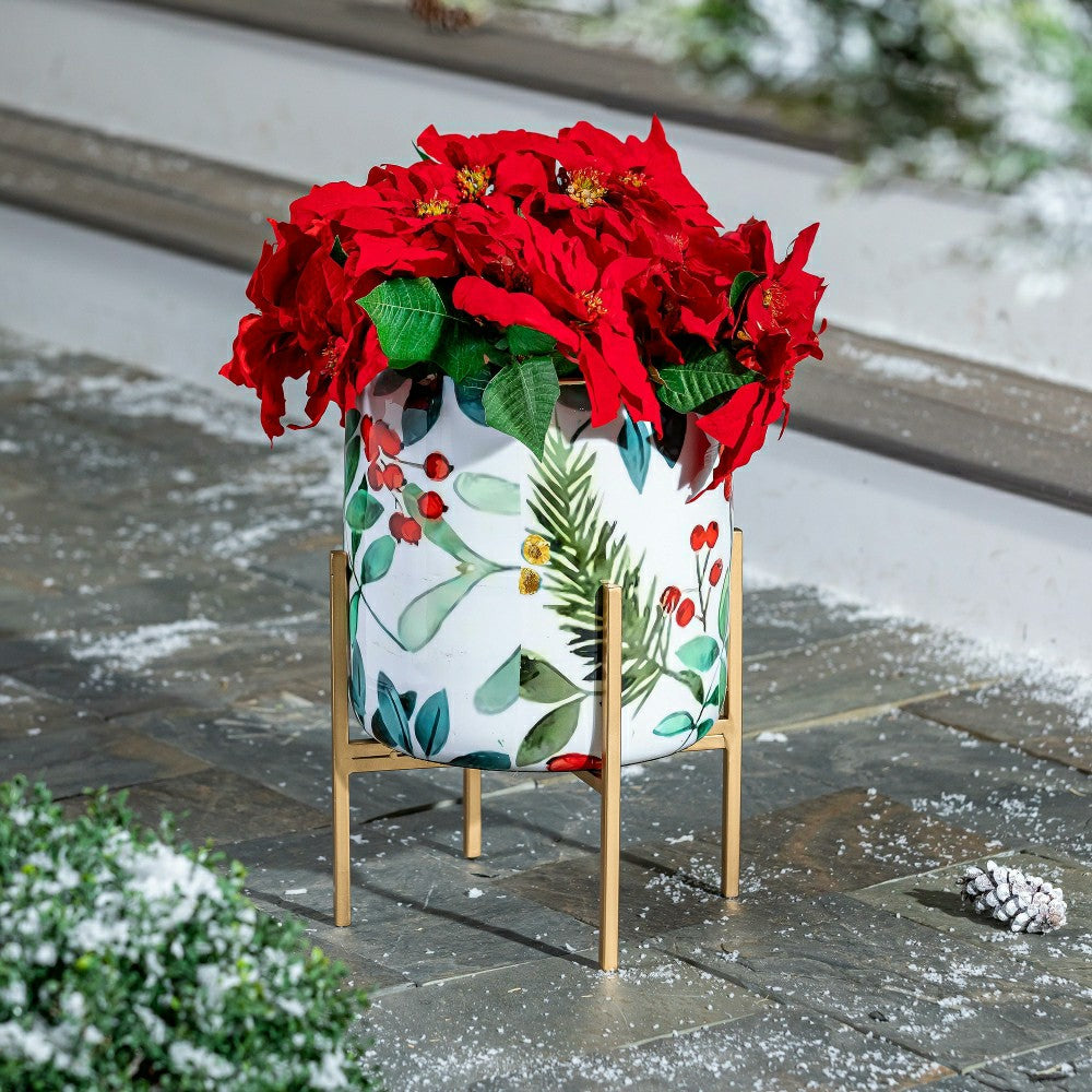 VivaStyle Planter, Printed Metal Planter with Legs, Festive Foliage, 1 | Plow & Hearth