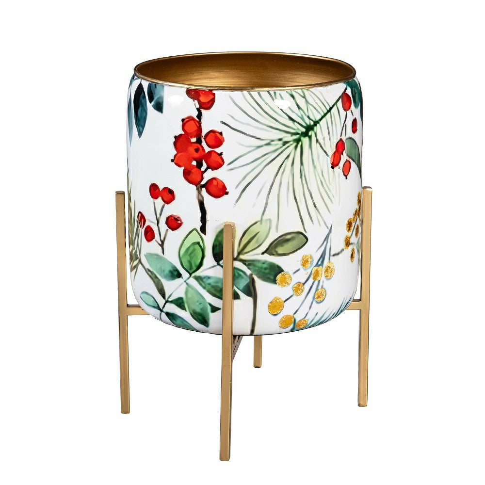 VivaStyle Planter, Printed Metal Planter with Legs, Festive Foliage, 1 | Plow & Hearth