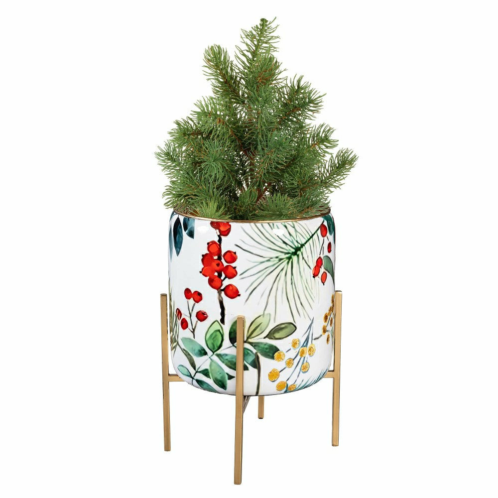 VivaStyle Planter, Printed Metal Planter with Legs, Festive Foliage, 1 | Plow & Hearth