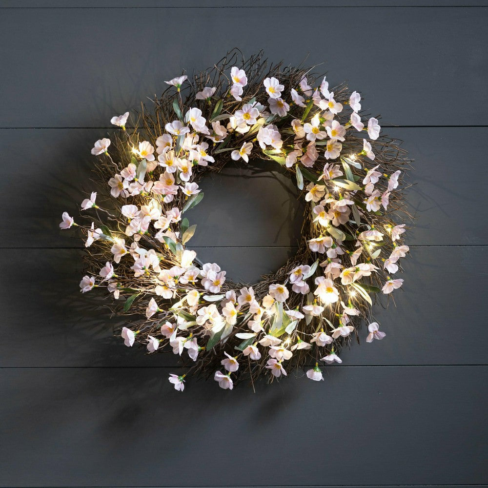 Lighted Faux Cherry Blossom Wreath | Plow & Hearth