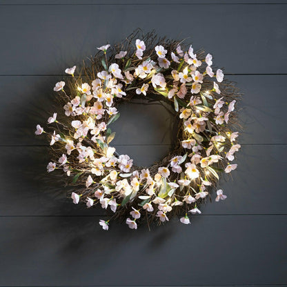 Lighted Faux Cherry Blossom Wreath | Plow & Hearth