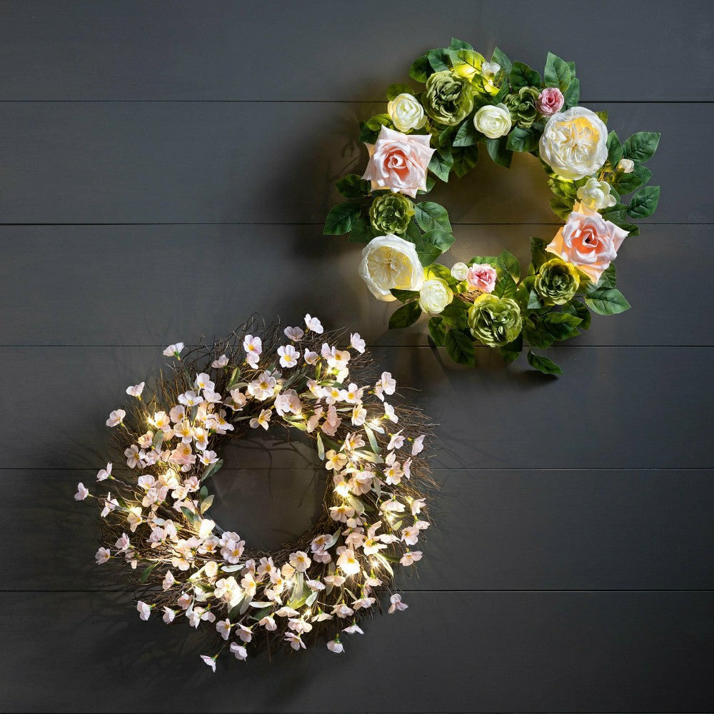 Lighted Faux Cherry Blossom Wreath | Plow & Hearth