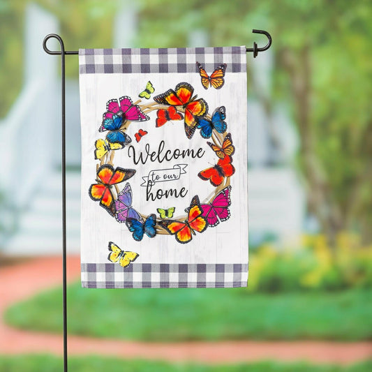 Butterfly Welcome Wreath Linen Garden Flag | Plow & Hearth