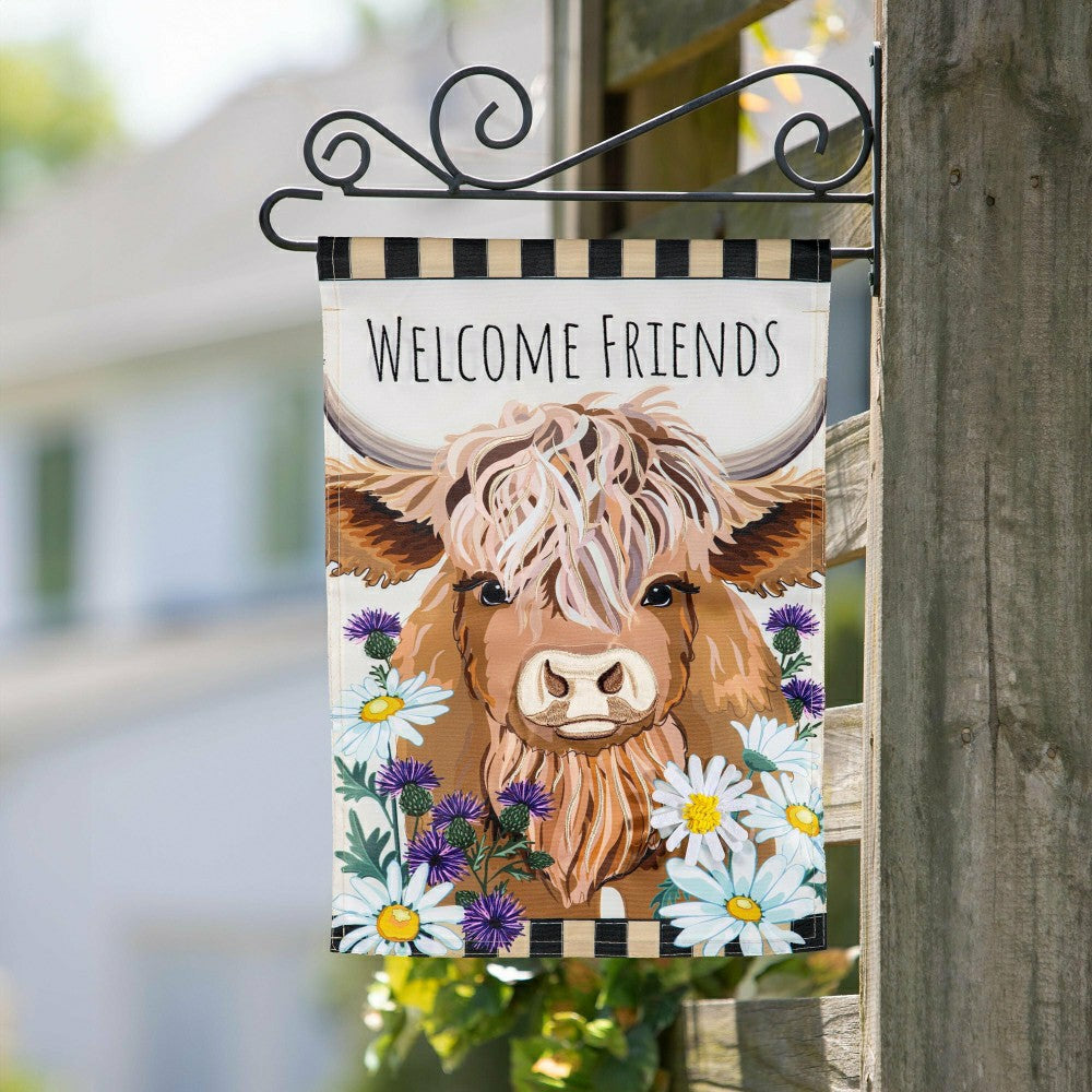 Hillside Pasture Highland Cow Welcome Friends Applique Garden Flag | Plow & Hearth