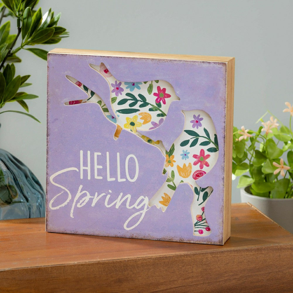 Bird Hello Spring Wood Table Sign, 8" | Plow & Hearth