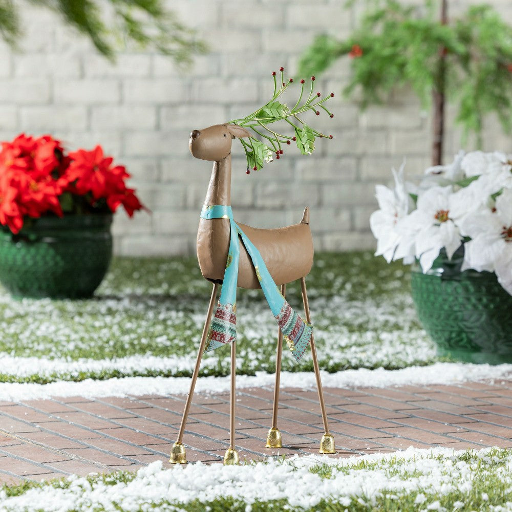 Holiday Poinsettia Garden Statue, Metal Statue, Green Scarf Deer, 24"H | Plow & Hearth