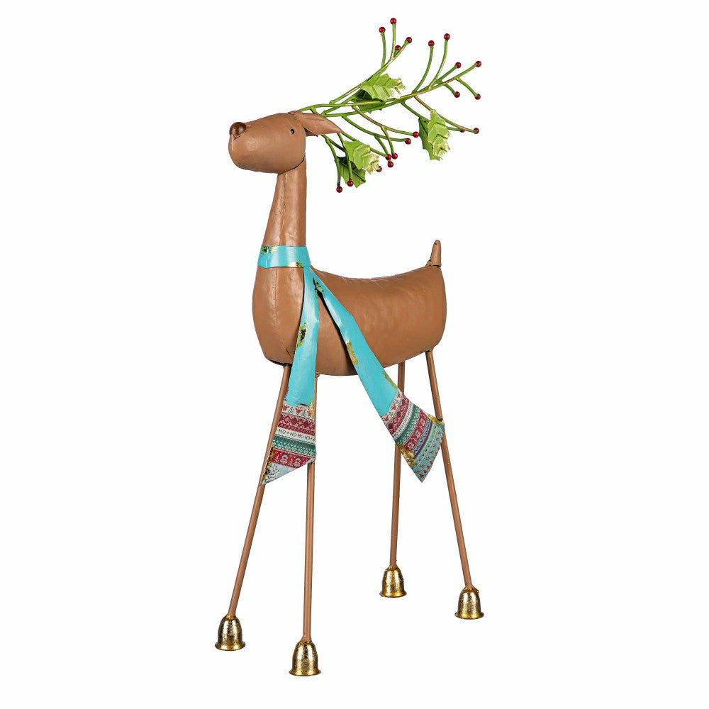 Holiday Poinsettia Garden Statue, Metal Statue, Green Scarf Deer, 24"H | Plow & Hearth