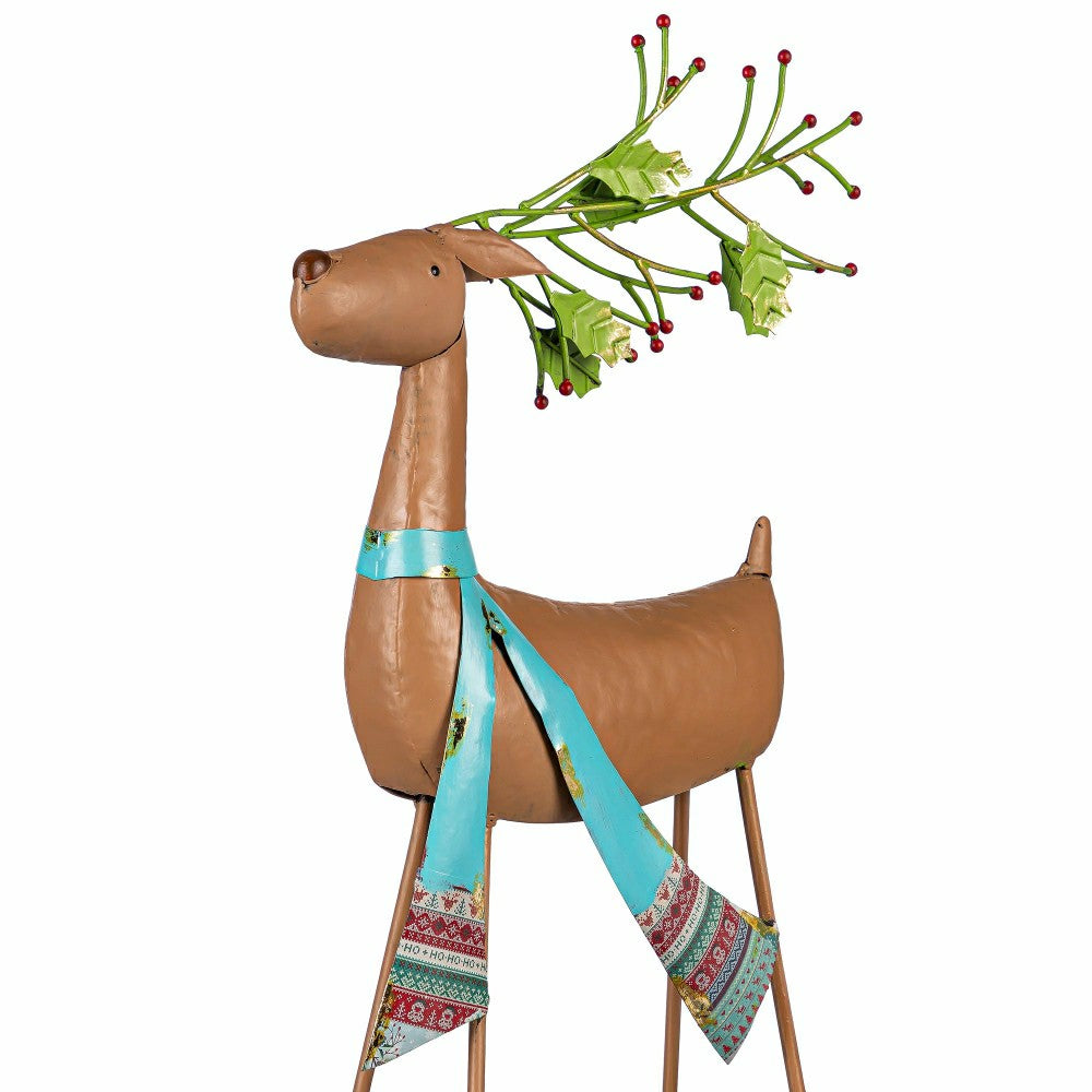 Holiday Poinsettia Garden Statue, Metal Statue, Green Scarf Deer, 24"H | Plow & Hearth