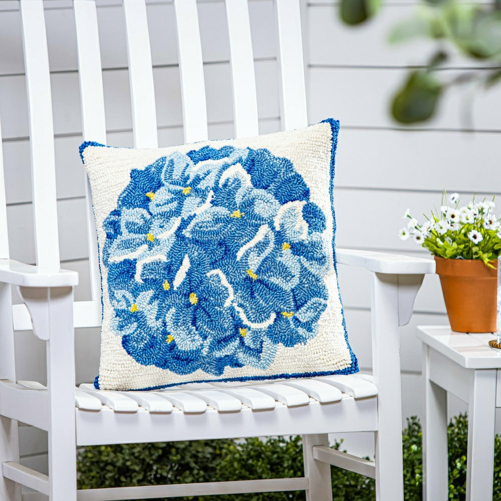 Blue Hydrangea Indoor/Outdoor Hooked Pillow 18"x18" | Plow & Hearth