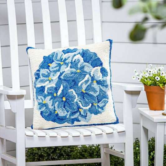 Blue Hydrangea Indoor/Outdoor Hooked Pillow 18"x18" | Plow & Hearth