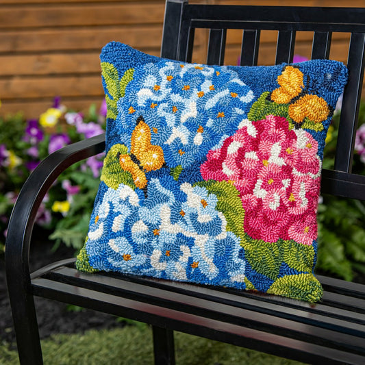 Vibrant Hydrangeas Indoor/Outdoor Hooked Pillow 18"x18" | Plow & Hearth