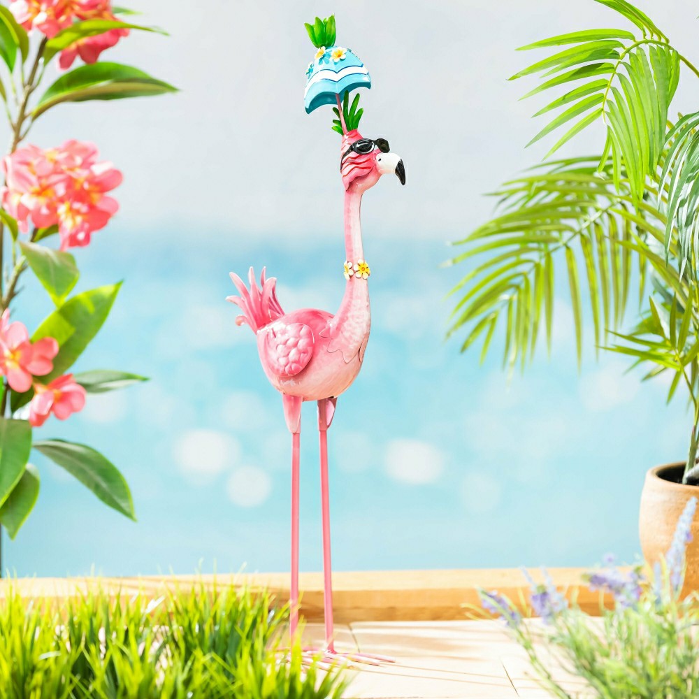 Palm Beach Garden Statue, Metal Tropical Umbrella Flamingo Statue, 26"H | Plow & Hearth