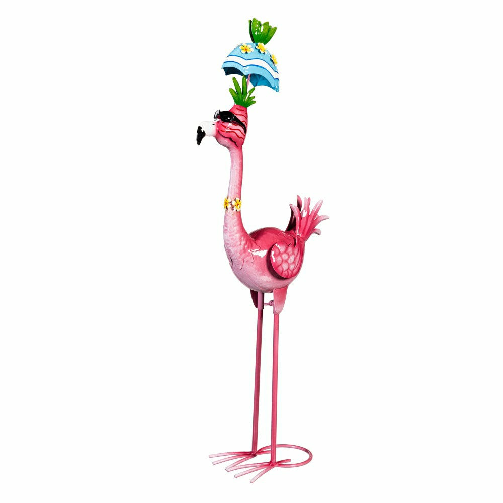 Palm Beach Garden Statue, Metal Tropical Umbrella Flamingo Statue, 26"H | Plow & Hearth
