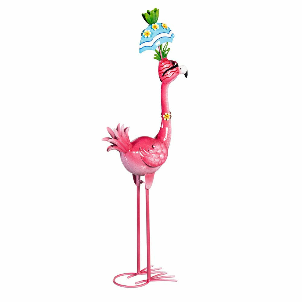 Palm Beach Garden Statue, Metal Tropical Umbrella Flamingo Statue, 26"H | Plow & Hearth