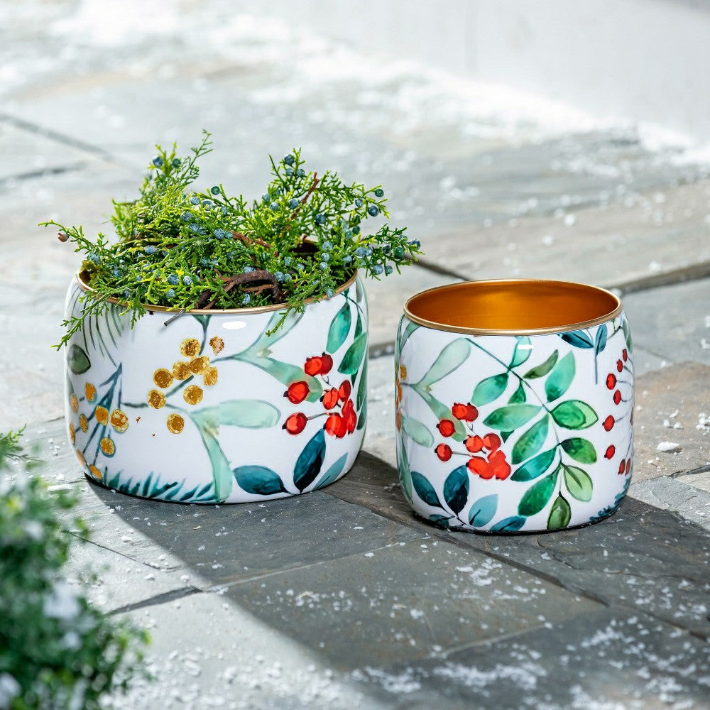 VivaStyle Planter, Metal Printed Planters, Festive Foliage, 8"H, Set o | Plow & Hearth