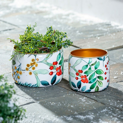 VivaStyle Planter, Metal Printed Planters, Festive Foliage, 8"H, Set o | Plow & Hearth