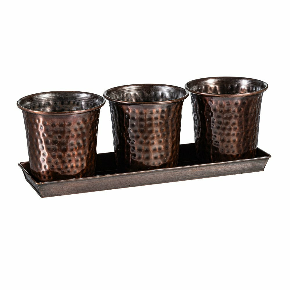 Petal and Plow Planter, Hammered Metal Planter on Oval Tray, Set of 3 with Metal Tray | Plow & Hearth