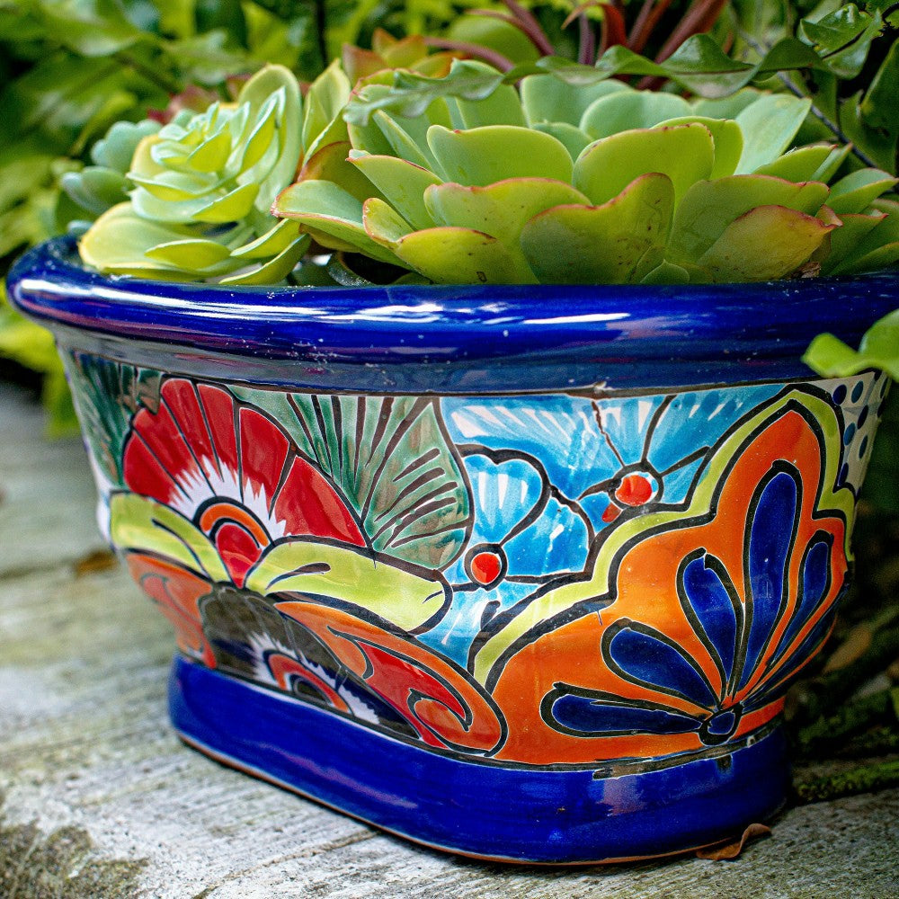12" White And Navy Talavera Ledge Planter | Plow & Hearth