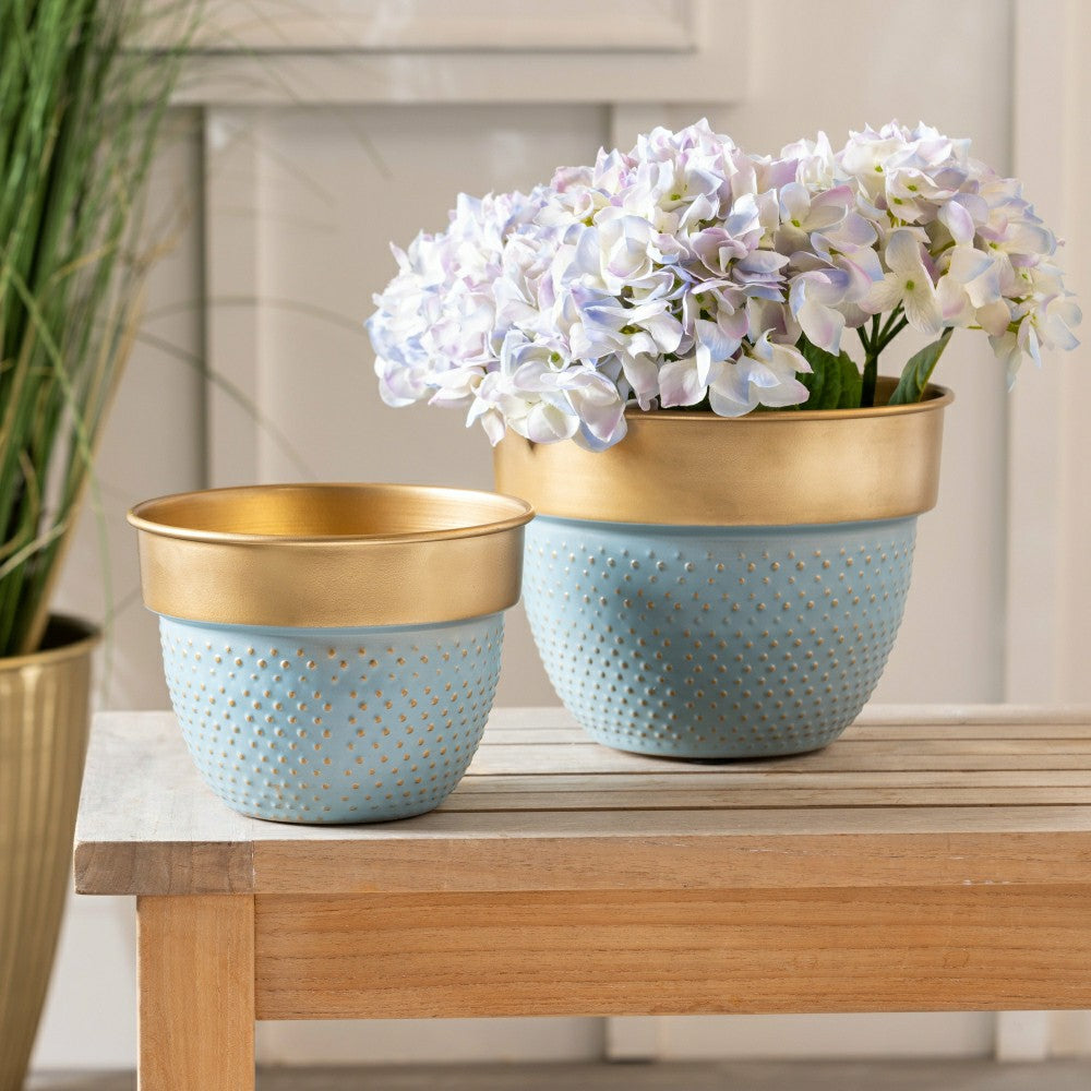 Blue Coastal, Metal Planter with Raised Dots, Nested Set/2 | Plow & Hearth