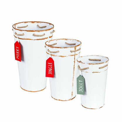 Holly Homestead Planter, French Bucket with Holiday Tag, Set of 3 | Plow & Hearth