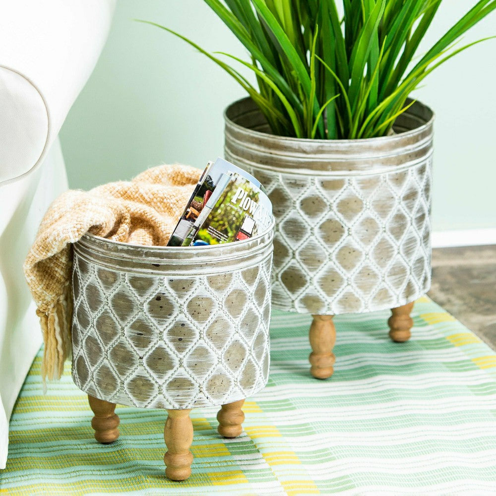 Embossed Metal Planter with Wood Legs, Set of 2 | Plow & Hearth