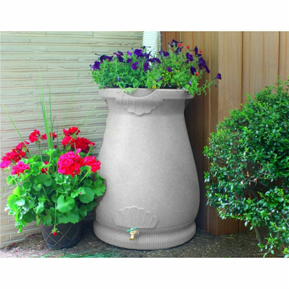 Light Grey Granite 65 Gallon Plastic Urn Rain Barrel with Planter Top | Plow & Hearth
