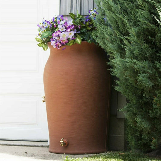 Terra Cotta 50-Gallon Plastic Urn Rain Barrel with Planter Top | Plow & Hearth
