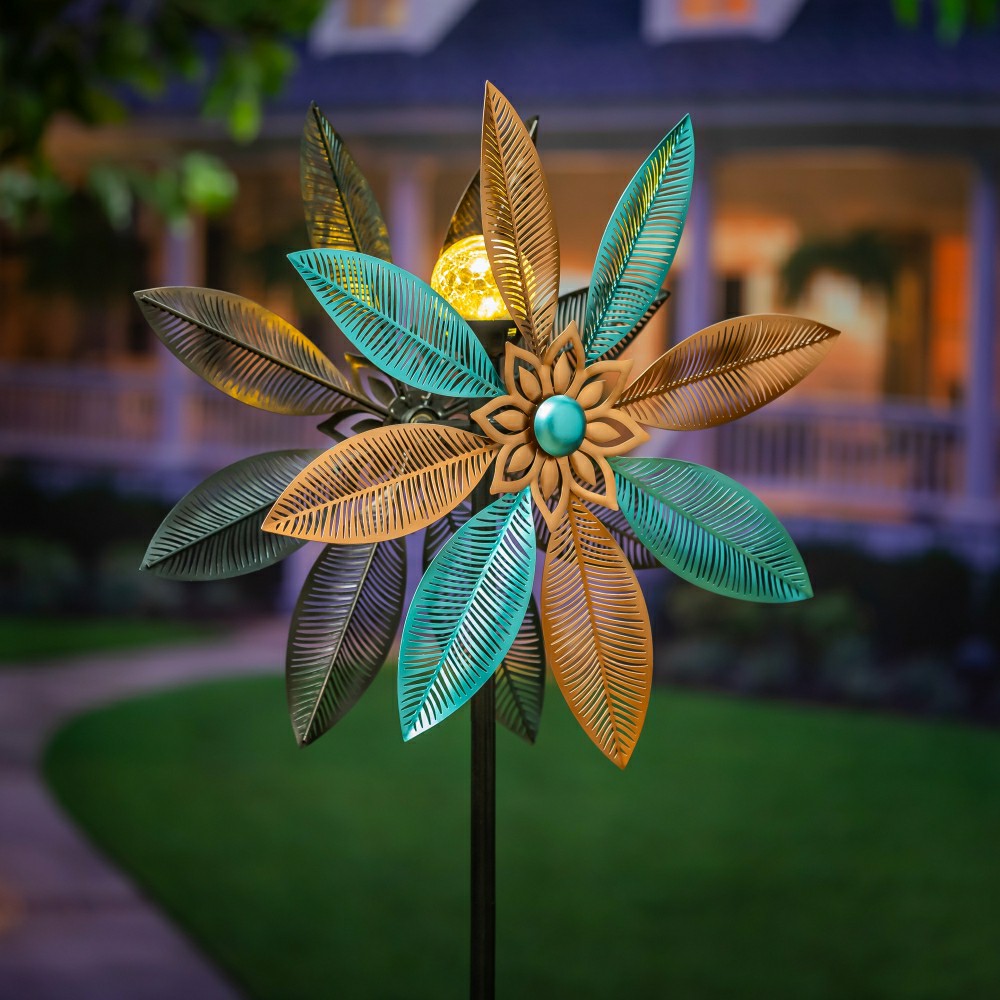 Metal Solar Wind Spinner, Copper and Turquoise Pedal Flower, 75"H | Plow & Hearth