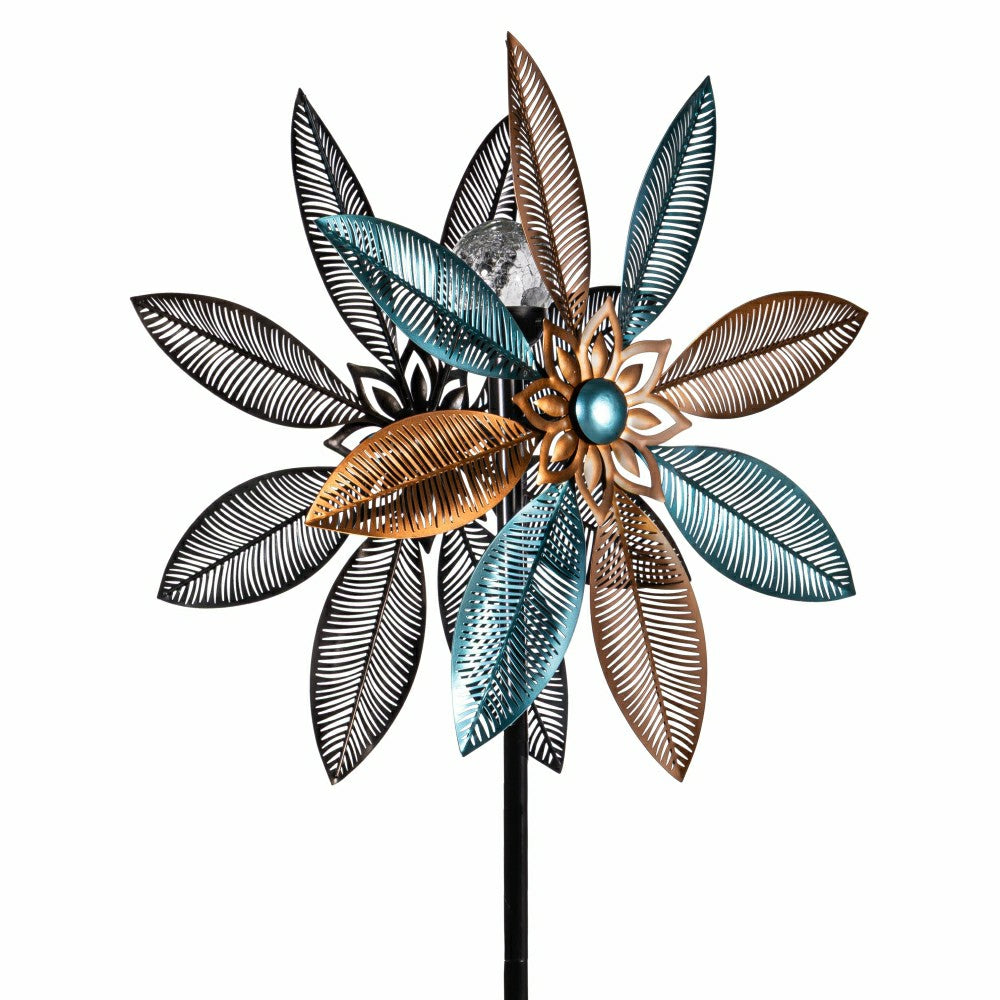 Metal Solar Wind Spinner, Copper and Turquoise Pedal Flower, 75"H | Plow & Hearth