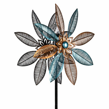 Metal Solar Wind Spinner, Copper and Turquoise Pedal Flower, 75"H | Plow & Hearth