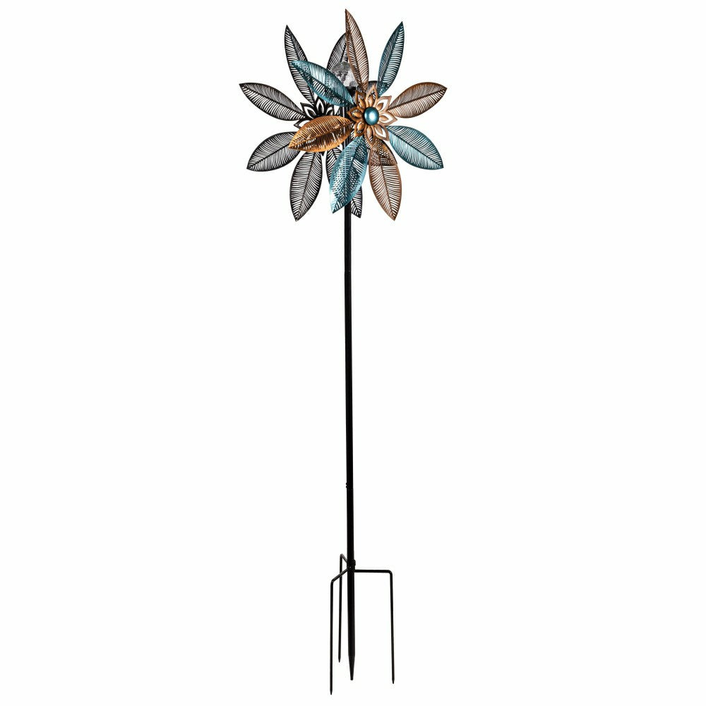 Metal Solar Wind Spinner, Copper and Turquoise Pedal Flower, 75"H | Plow & Hearth