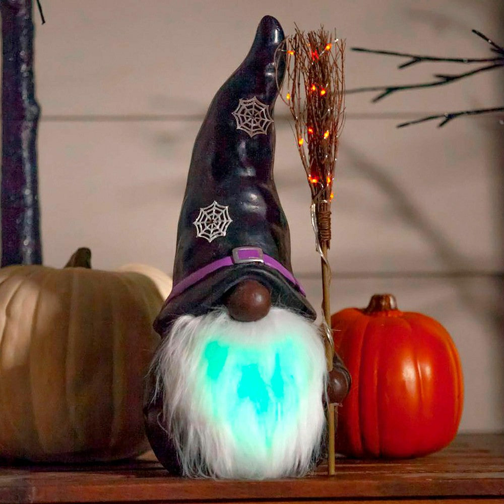Lighted Witch Gnome Statue with Spiderweb Hat | Plow & Hearth