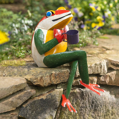 Sitting Frog with Coffee Cup Metal Garden Statue | Plow & Hearth