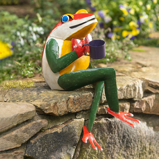 Sitting Frog with Coffee Cup Metal Garden Statue | Plow & Hearth