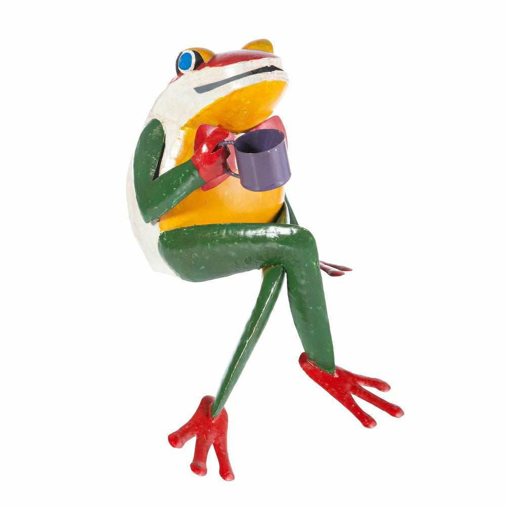 Sitting Frog with Coffee Cup Metal Garden Statue | Plow & Hearth