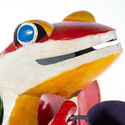 Sitting Frog with Coffee Cup Metal Garden Statue | Plow & Hearth