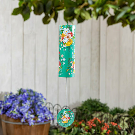 What She Shed Wind Chime, Metal, Green Florals Cylinder Chime, 36" H | Plow & Hearth