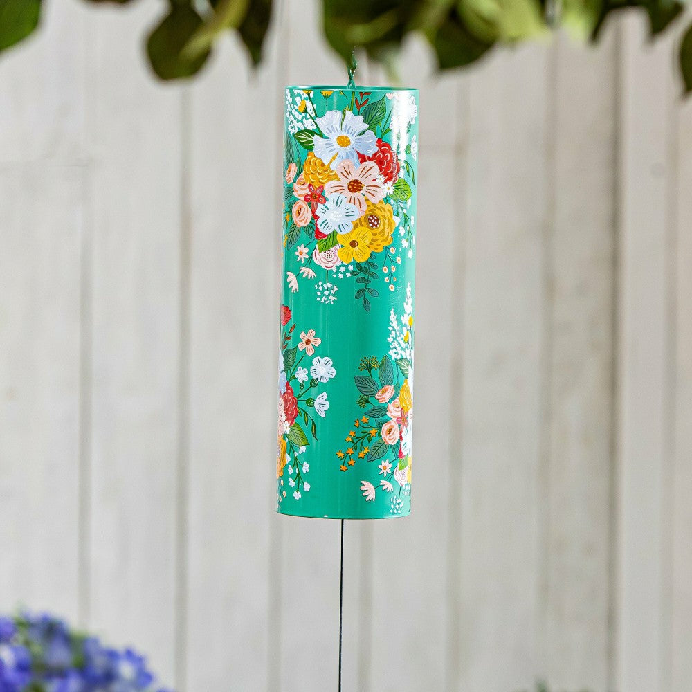 What She Shed Wind Chime, Metal, Green Florals Cylinder Chime, 36" H | Plow & Hearth