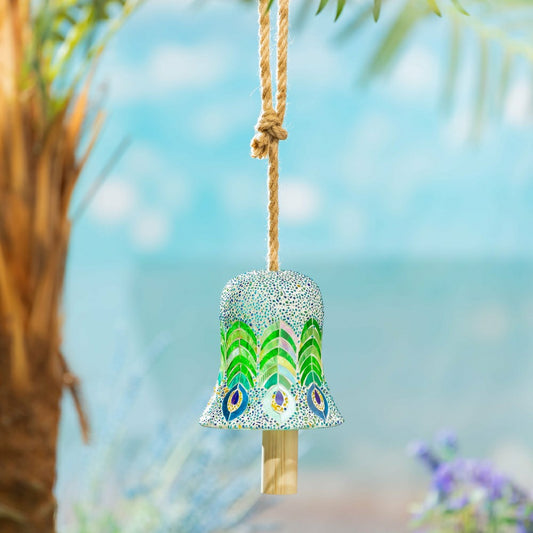 Palm Beach Garden Bell, Glass, Mosaic Peacock Feathers, 6" | Plow & Hearth