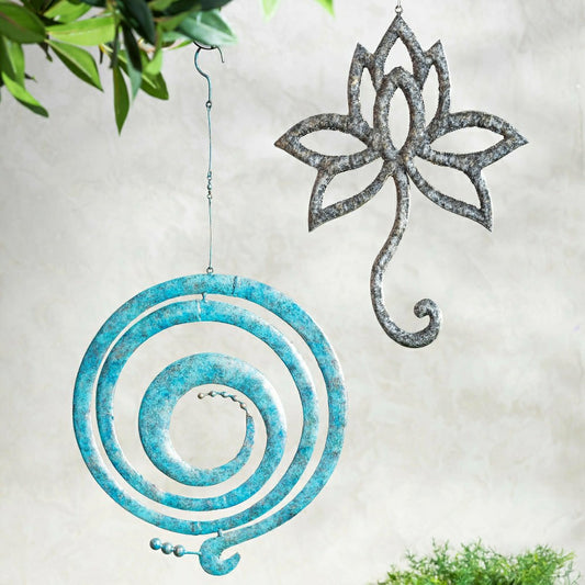 Distressed Silver Lotus Flower Hanging Garden Decor | Plow & Hearth