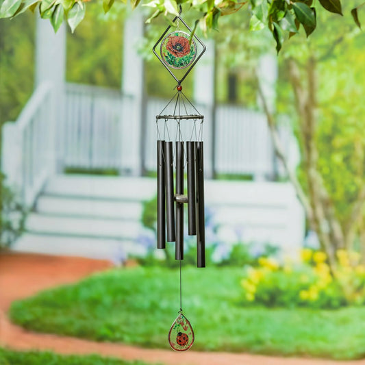 Avria Stained Glass Hand-Tuned Wind Chime, Poppies, 36" | Plow & Hearth