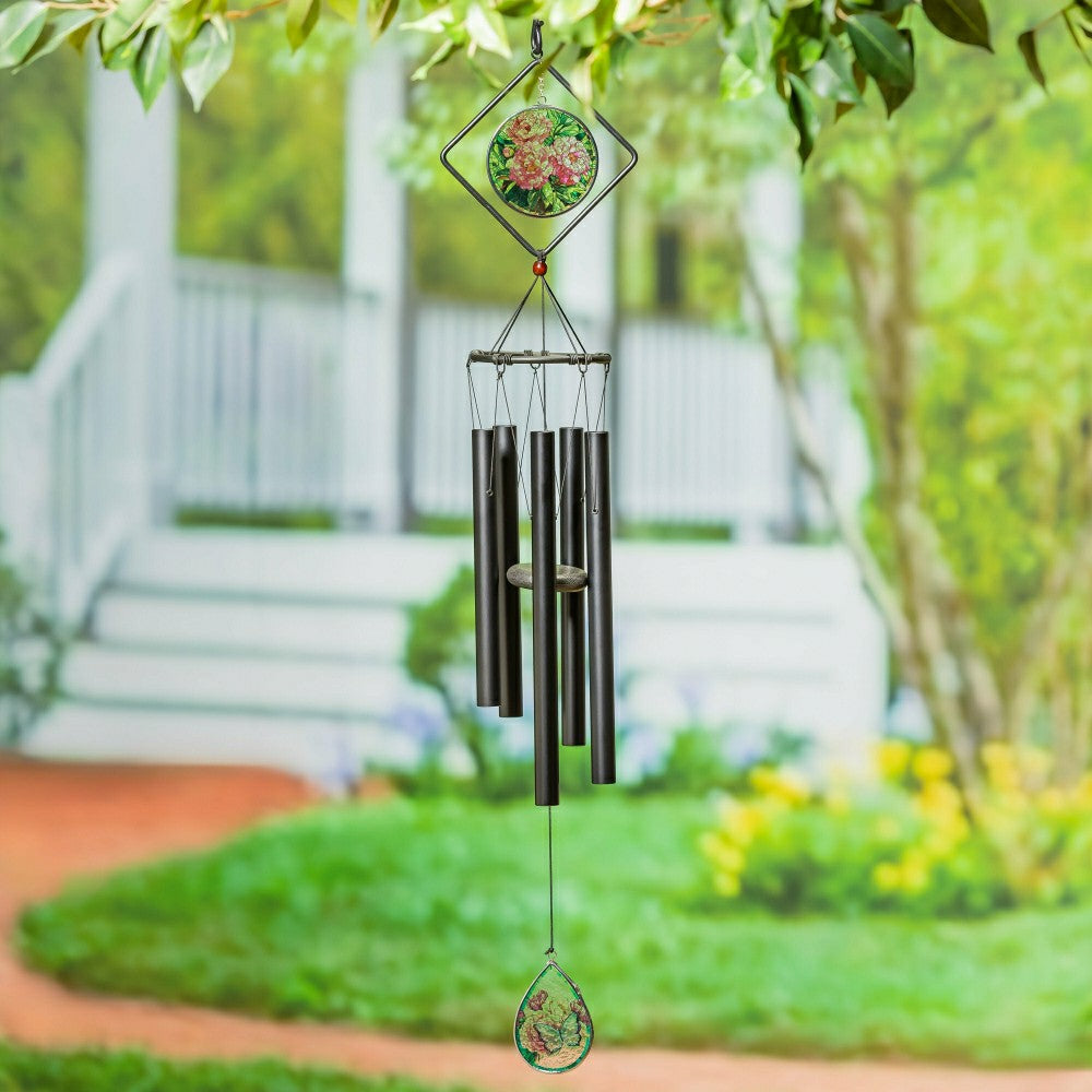 Avria Stained Glass Hand-Tuned Wind Chime, Pink Flowers, 36" | Plow & Hearth