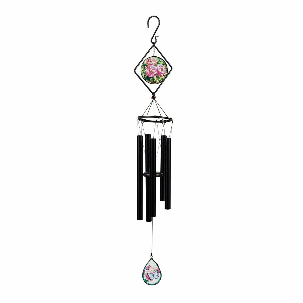 Avria Stained Glass Hand-Tuned Wind Chime, Pink Flowers, 36" | Plow & Hearth