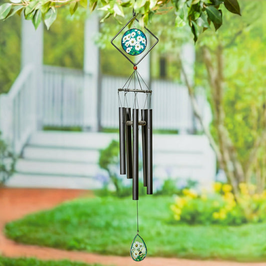 Avria Stained Glass Hand-Tuned Wind Chime, Daisies, 36" | Plow & Hearth