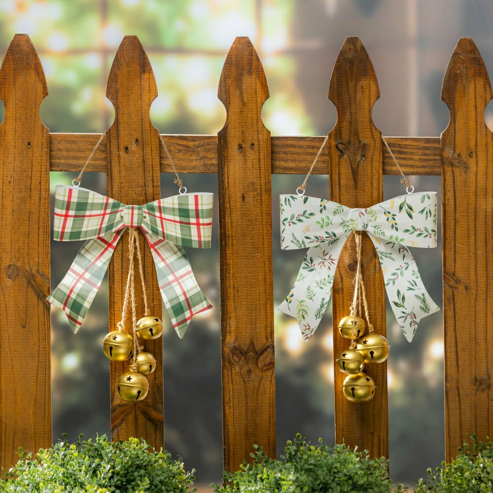 Shades of Emerald Hanging Wall Decor, Bow with Hanging Jingle Bells, A | Plow & Hearth