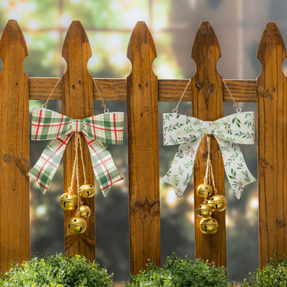 Shades of Emerald Hanging Wall Decor, Bow with Hanging Jingle Bells, A | Plow & Hearth