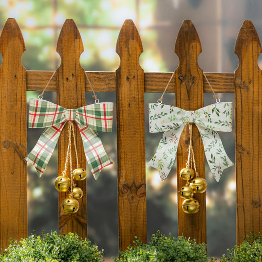 Shades of Emerald Hanging Wall Decor, Bow with Hanging Jingle Bells, A | Plow & Hearth