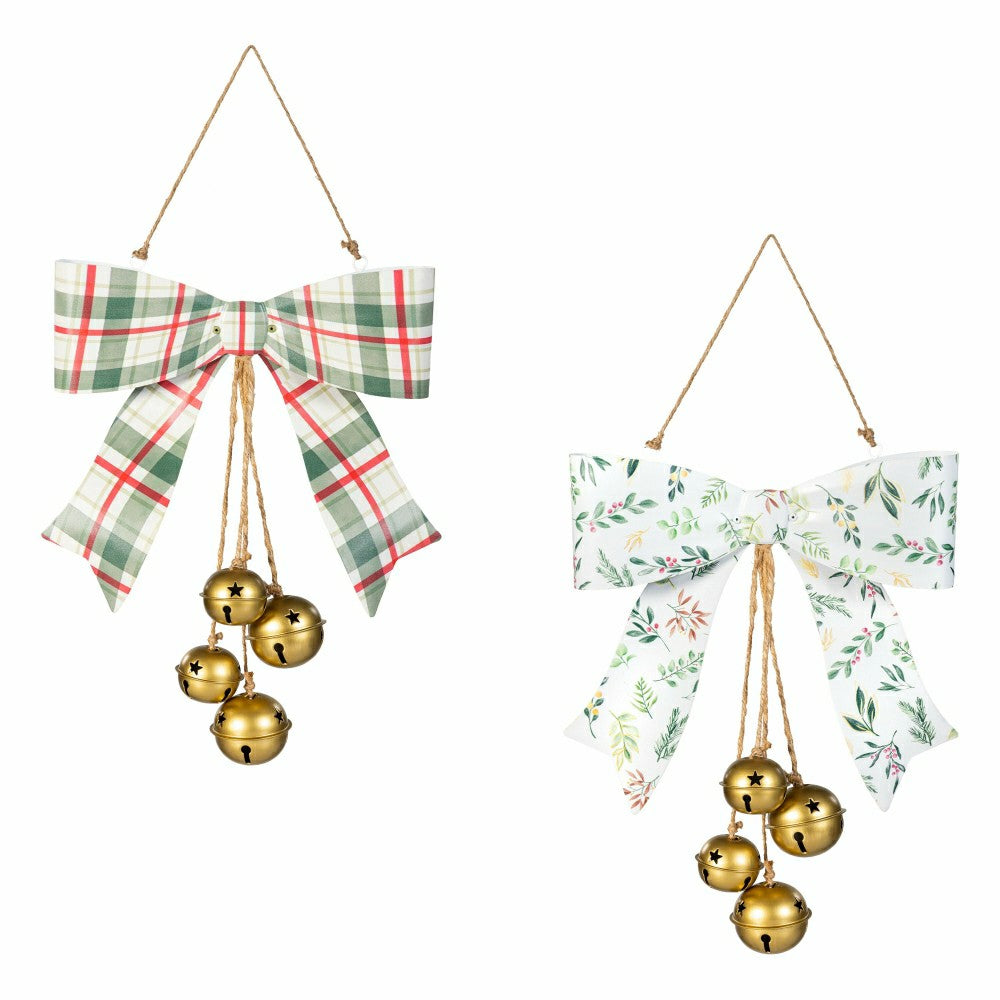 Shades of Emerald Hanging Wall Decor, Bow with Hanging Jingle Bells, A | Plow & Hearth