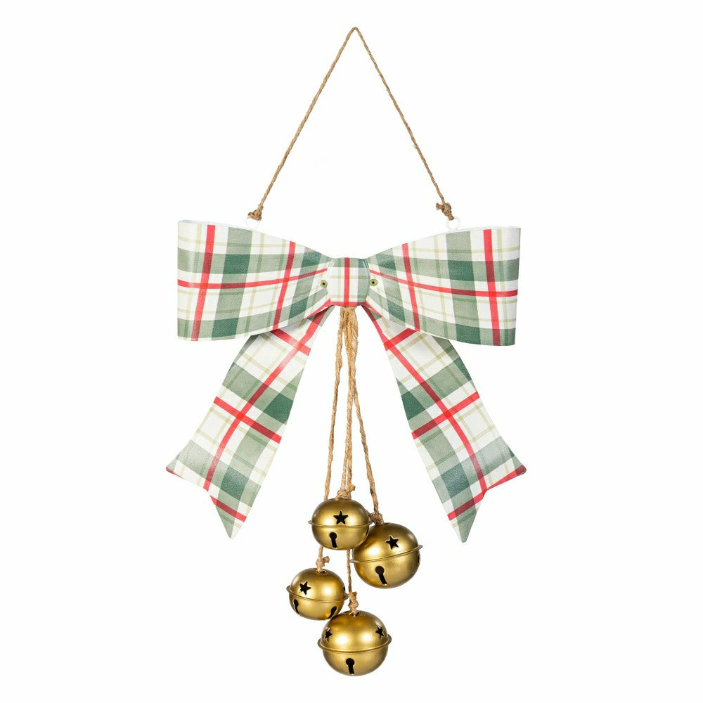 Shades of Emerald Hanging Wall Decor, Bow with Hanging Jingle Bells, A | Plow & Hearth