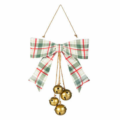 Shades of Emerald Hanging Wall Decor, Bow with Hanging Jingle Bells, A | Plow & Hearth